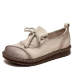 Women Flats Shoes 2024 New Spring Round Toe Lace-up Genuine Leather Casual Loafers Handmade Comfortable Shoes
