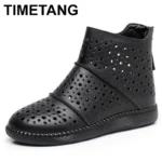 2025 Hollow Out Women Summer Big Head Sewn Breathable Hollow Ankle Genuine Leather Flats Zip Sandals