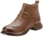 2025 Women Shoes Round Toe Genuine Cow Leather Handmade Retro Thick Heel Casual Loafers Ladies Winter Soft Sole Plush Warm Boots