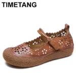 2025 Summer Genuine Leather Hollow Shoes Woman Sandals Casual Sneakers Flat Soft Sole Comfortable