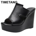 Small Size 33-43 Comfortable Thick Bottom Genuine Leather Slippers Platform Shoes Women Summer High Heels Slides Office Mom