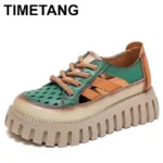 Thick Bottom Sandals Women's Summer Vintage Leather Color Matching Lace Up Muffin Bottom Casual Hollow Out Single Shoes