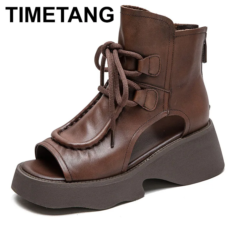 kf-S90551651ef7f4c7da8dc9431e4656f6b0 2025 Genuine Leather Boots Chimney Women Peep Toe Moccasins Fashion Summer Sandals Hollow Ankle Booties Motorcycle Shoes - Image 1