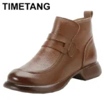 2025 Women Shoes Round Toe Genuine Cow Leather Handmade Retro Thick Heel Casual Loafers Ladies Winter Soft Sole Plush Warm Boots