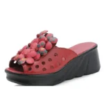 2025 New Summer Retro Genuine Leather Hollow Breathable Floral Outside Leather Women Slippers Platform Wedges Slides