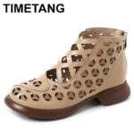 Ethnic Style Genuine Leather Cool Boots Top Layer Cowhide Breathable Mom's Sandals Women's Flat Heel Soft Sole Hollow Hole Shoes