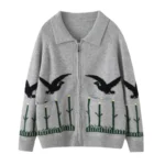 Women Polo-neck Cardigan Cashmere Sweater Fashion pigeon jacquard Autumn Winter 100% Cashmere Knitwear Thick Loose Knit Clothes